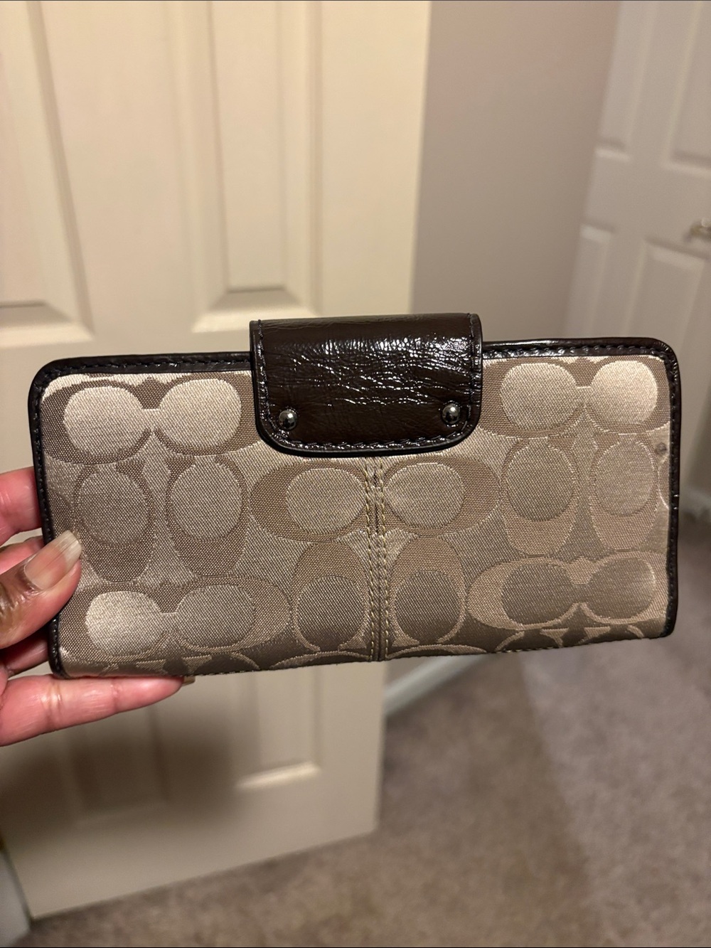 Coach Beige and Dark Brown Signature wallet  with Patent Trim